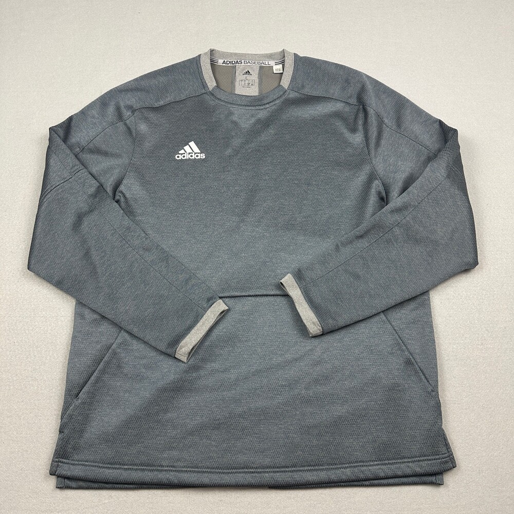 Adidas Sweater Men Large Gray Pullover Crewneck Sweatshirt Baseball Pockets L